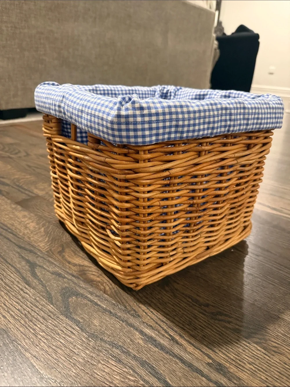Pottery Barn Kids Woven Rattan Basket with Blue Gingham Liner